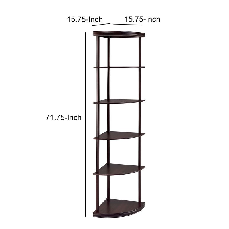 Illuminating corner bookcase with five pie shaped shelves, Brown