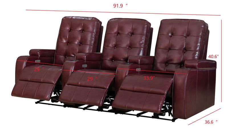 FC Design Burgundy Air Leather Cinema Home Theater Seating 3-Seat Power Sofa Recliner Chair with Cup Holders and USB Port