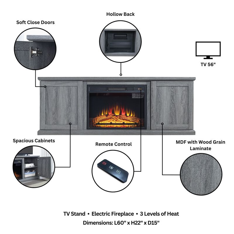 Franklin Gray TV Stand with Electric Fireplace