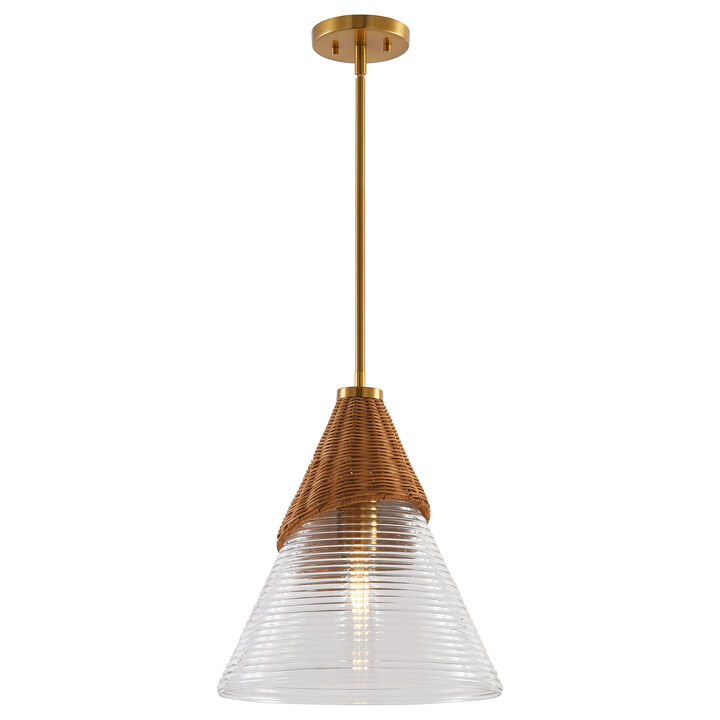 14" Bohemian Coastal Gold Handwoven Rattan Pendant Light with Clear Ribbed Cone Glass Shade for Bedroom, Living Room or Kitchen Island