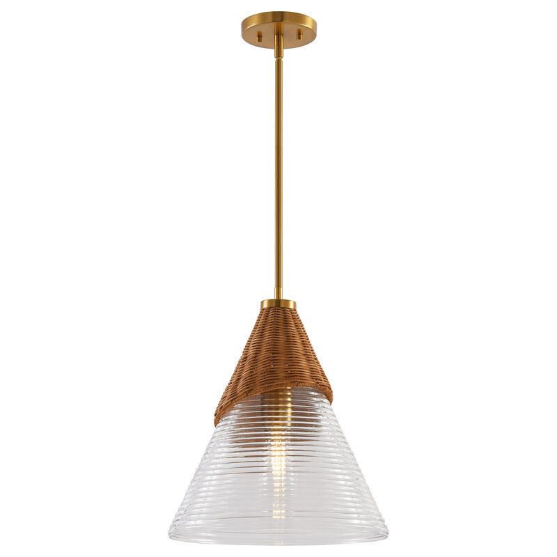 14" Bohemian Coastal Gold Handwoven Rattan Pendant Light with Clear Ribbed Cone Glass Shade for Bedroom, Living Room or Kitchen Island image number 0