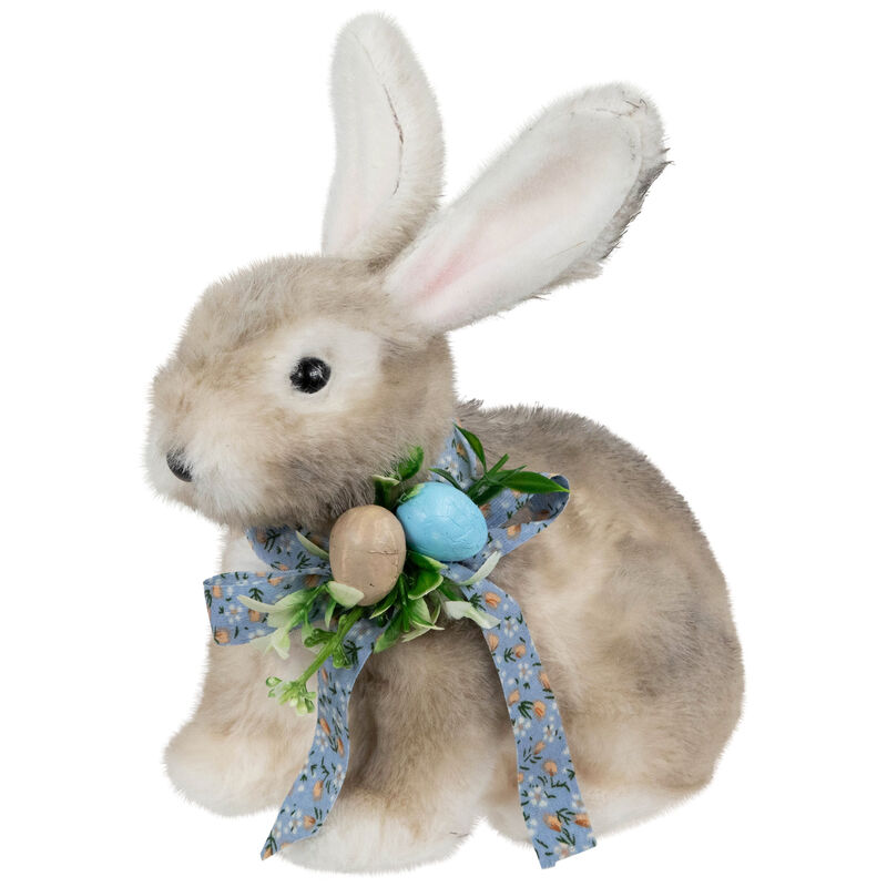 Plush Rabbit with Floral Bow Easter Figurine - 8"