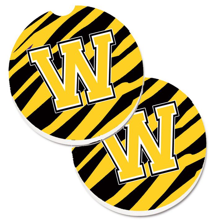 Caroline's Treasures Monogram Initial W Tiger Stripe - black Gold Set of 2 Cup Holder Car Coasters CJ1026-WCARC, 2.56, Multicolor