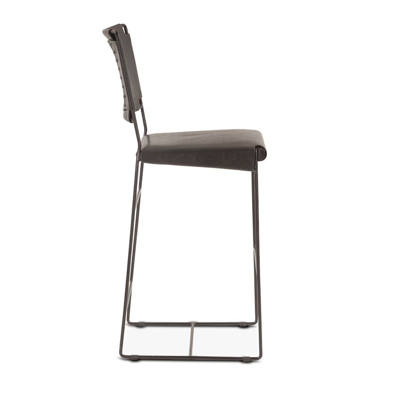 World Interiors Melbourne Buffalo Leather and Iron Counter Chair in Black