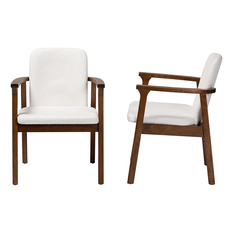 Baxton Studio Miyagi Boucle Upholstered Dining Chair Set of 2- Mid-Century Modern Armchair with Solid Wood Frame and Rounded Backrest, Walnut Brown and White