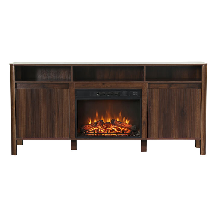 68" Modern Farmhouse Dark Walnut Fluted Door TV Stand Media Console with  23 Inch Insert Electric Fireplace for TVs up to 75"