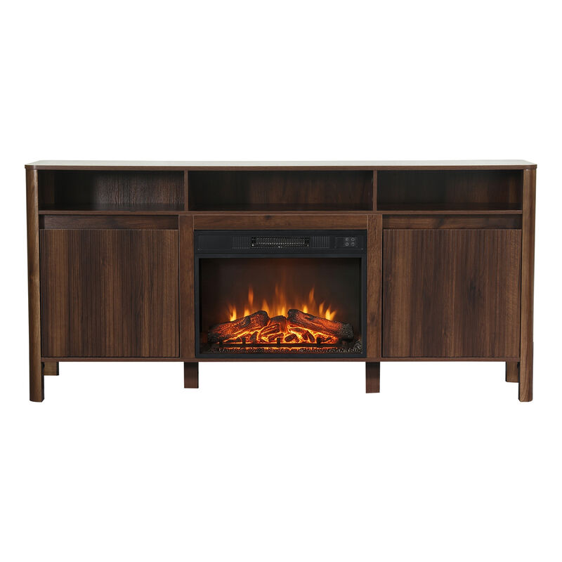 68" Modern Farmhouse Dark Walnut Fluted Door TV Stand Media Console with  23 Inch Insert Electric Fireplace for TVs up to 75" image number 0