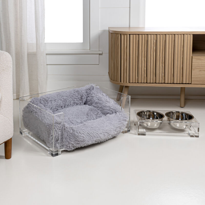 Billie Small Modern Lucite Calming Fluffy Pet Bed with Washable Cushion and Elevated Pet Feeder with 2-Stainless Steel Bowls (Set of 2)