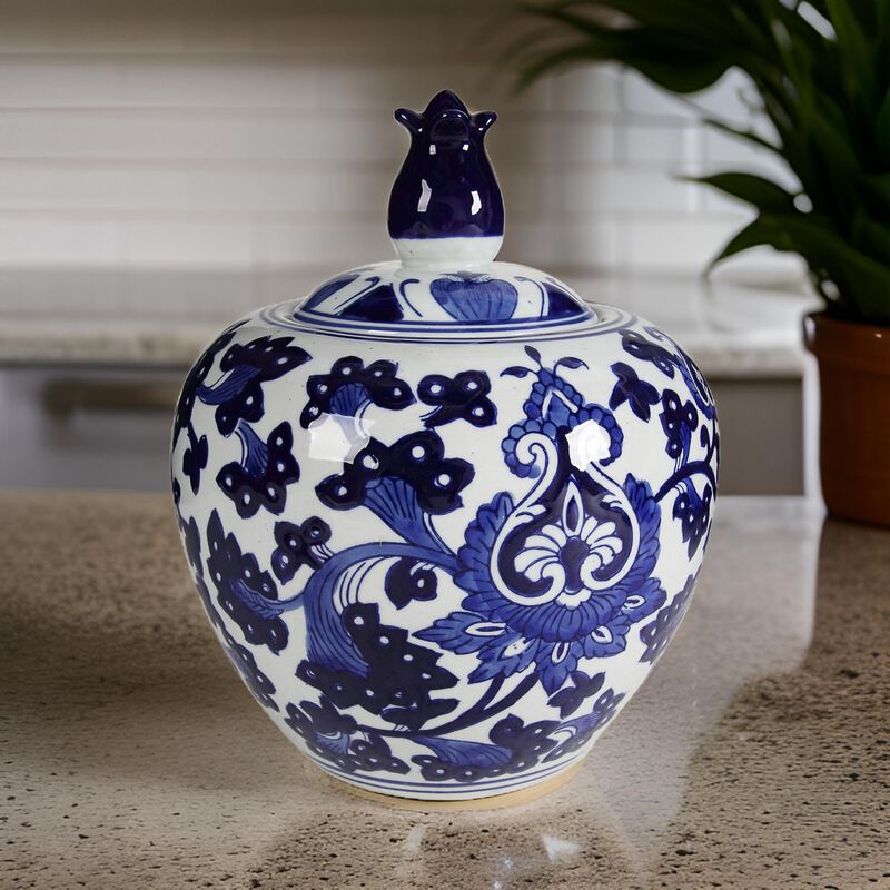 10 Inch Lidded Jar, Round Persian Floral Print, Blue and White Porcelain - Benzara