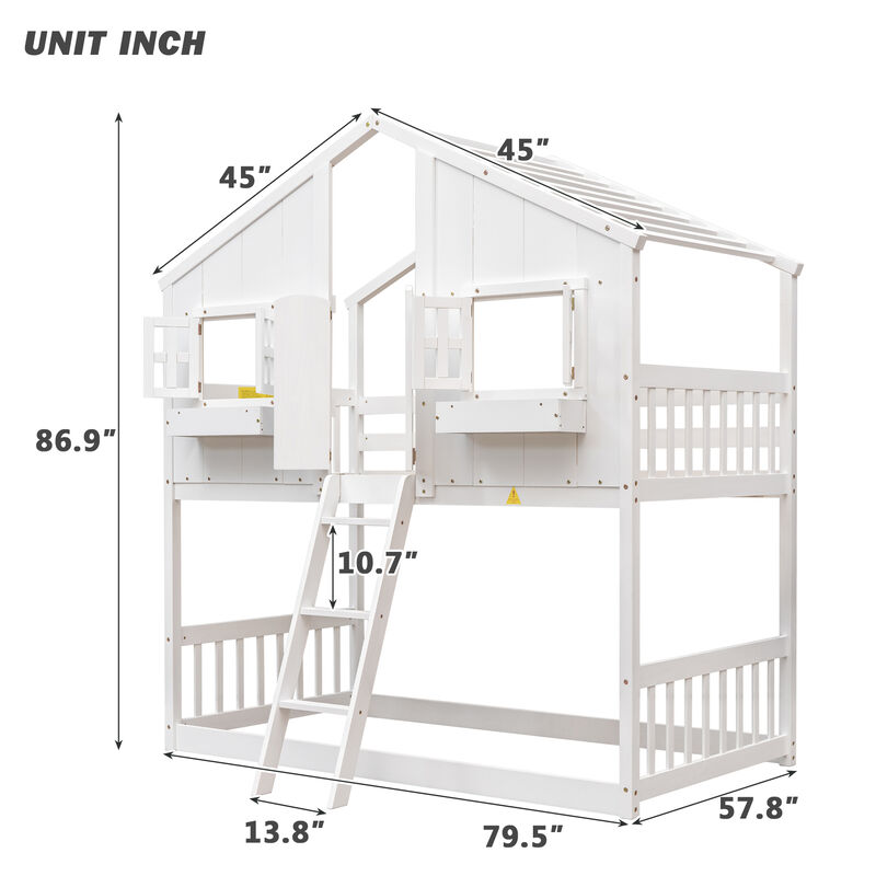 Whisen Twin over Twin House Bunk Bed with Roof, Window, Window Box, Door, with Safety Guardrails and Ladder - White