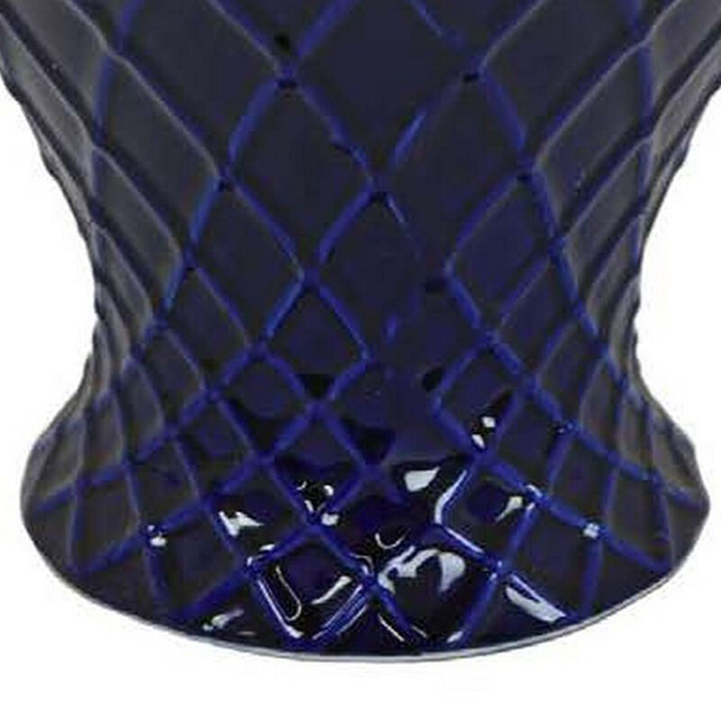Livie 20 Inch Temple Ginger Jar, Geometric Design, Dome Lid, Ceramic, Blue - Benzara
