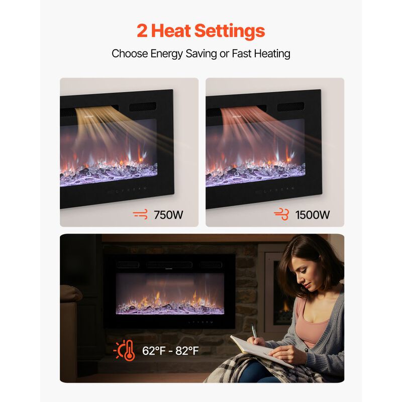 Electric Fireplace Wall Mounted 1500W with Adjustable Flame, Remote & Overheat Protection-Black image number 5