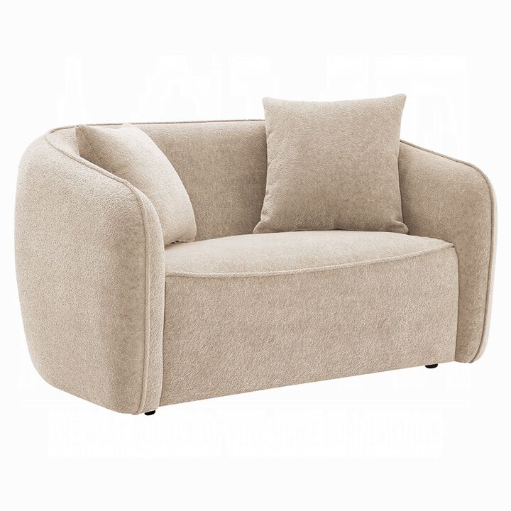 Keina Loveseat, 2 Accent Pillows, Rounded Back, Beige Chenille 57 Inch - Benzara - Benzara