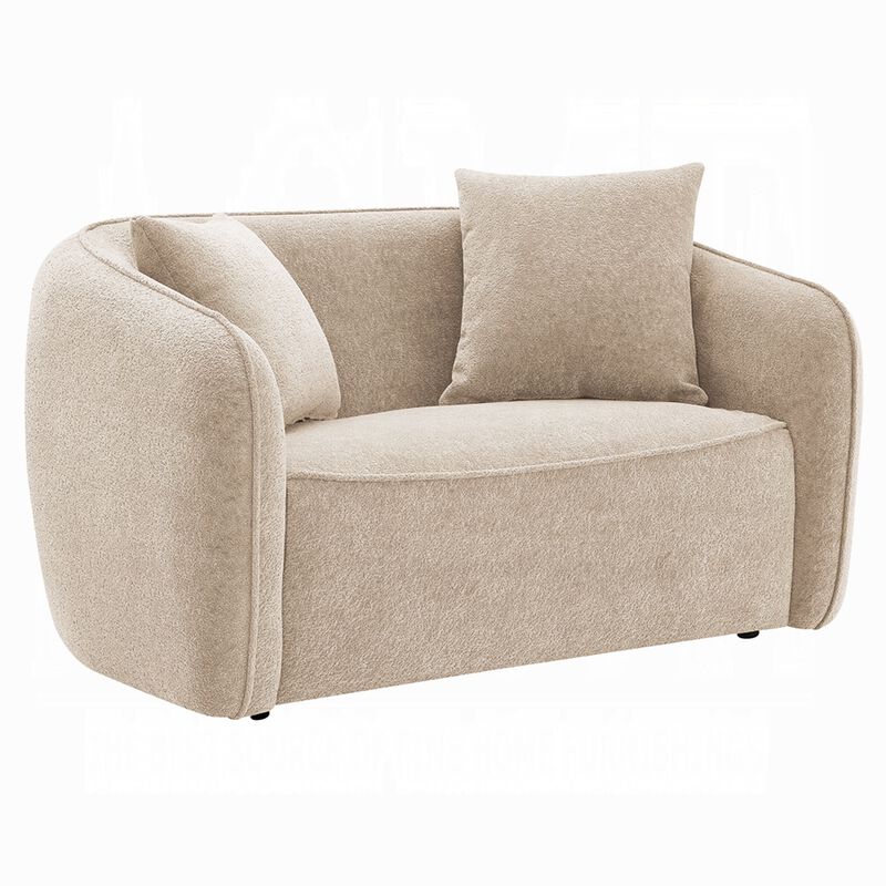Keina Loveseat, 2 Accent Pillows, Rounded Back, Beige Chenille 57 Inch - Benzara - Benzara