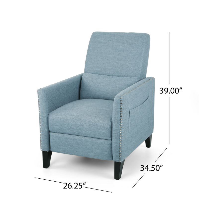 Davy Pushback Recliner Chair, Nailhead Trim, Birch Wood, Blue Fabric - Benzara