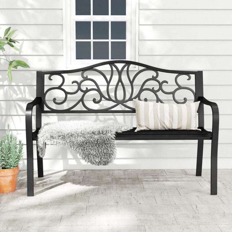 Hivvago 50 Inches Outdoor Garden Bench with Floral Design Backrest and Slatted Seat