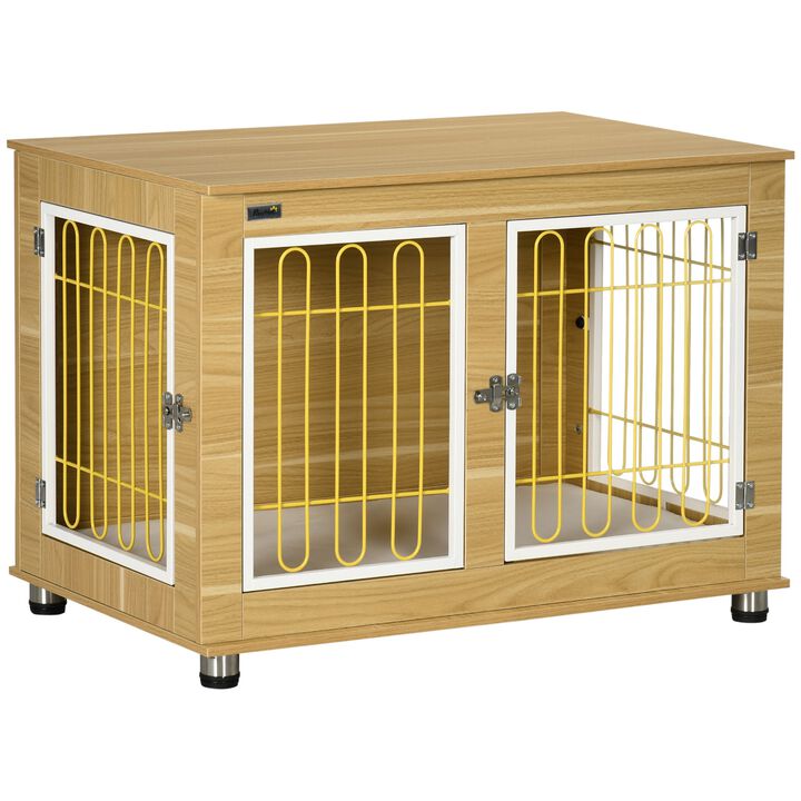 Dog Crate Side End Table Indoor with Soft Cushion, Double Doors, for Medium Large Dogs