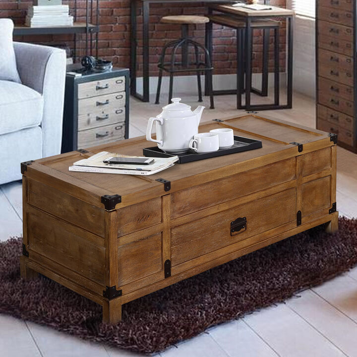 Rustic Single Drawer Mango Wood Coffee Table with Lift Top Storage & Compartments, Brown - Benzara