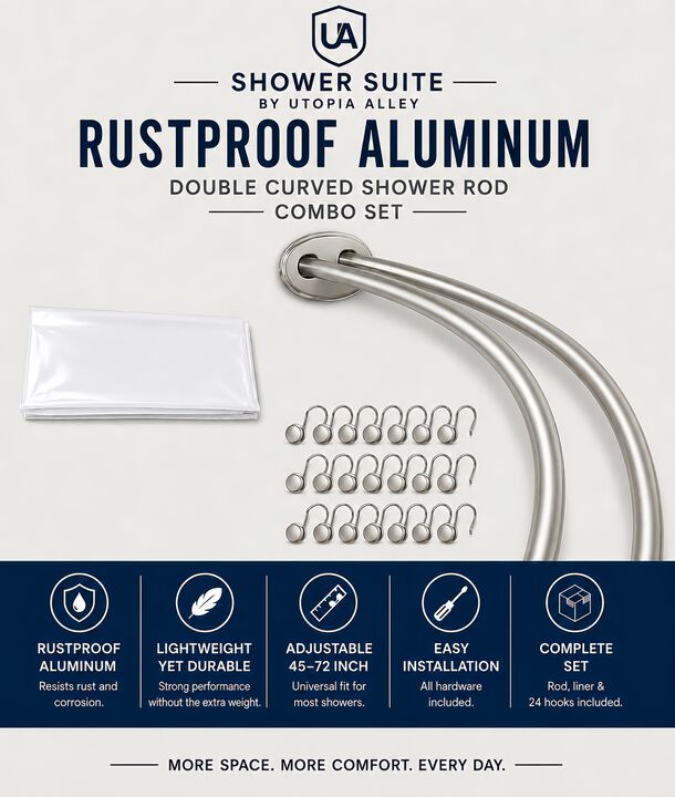 Shower Suite by Utopia Alley &ndash; Rustproof Aluminum Double Curved Shower Curtain Rod Combo Set with Liner & 24 Hooks, Adjustable 45&ndash;72 Inch Wall Mounted Dual Rod, Extra 30% Space