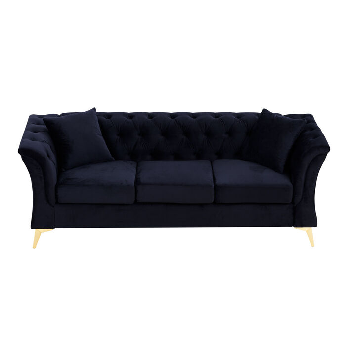 Modern Chesterfield Curved Sofa Tufted Velvet Couch 3 Seat Button Tufted Couch with Scroll Arms and Gold Metal Legs Black