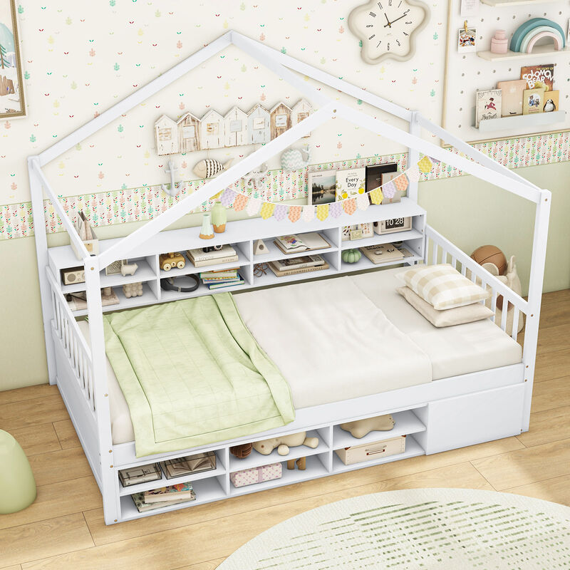 Fun House Bed with Roof Design, 14 Storage Compartments & Cabinet