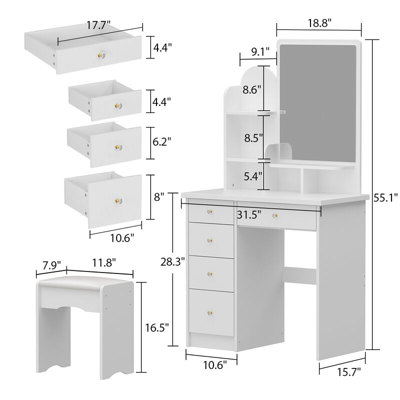 5-Drawers White Makeup Vanity Table Wooden Dressing Desk With Mirror and 3-Tier Storage Shelves 55.1 x 31.5 x 15.7 In.