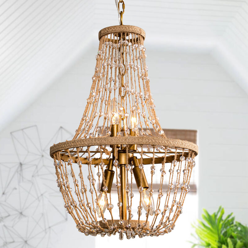 4-Light Farmhouse Handmade Hemp Rope Wood Chandelier