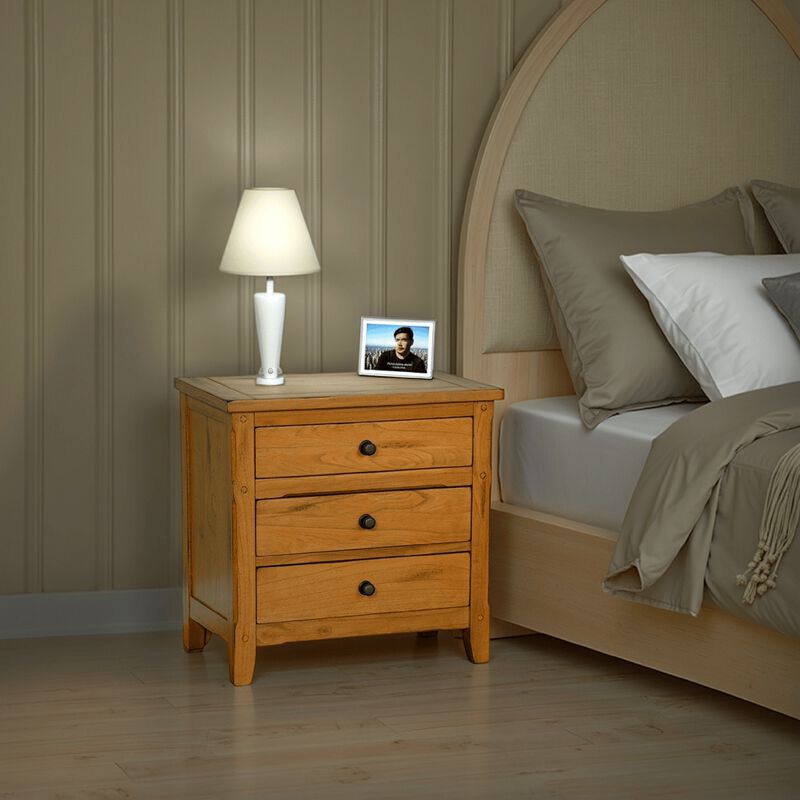 Marv Nightstand, 3 Drawers, Rustic Light Brown Solid Wood 29 Inch - Benzara