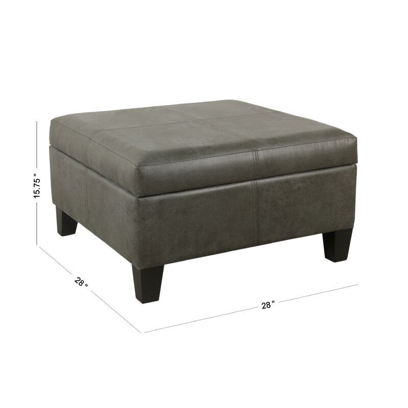 Leo Square Storage Ottoman with Plush Gray Faux Leather, 28 Inch