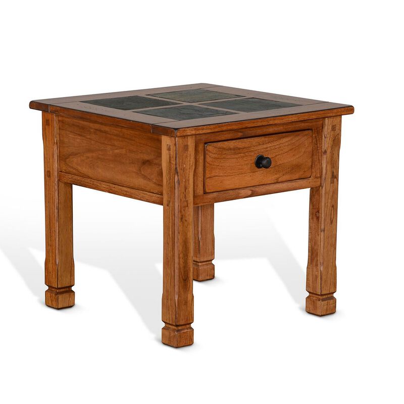 Marv Side End Table w Drawer, 26 Inch Square Slate Inlay Top, Brown
