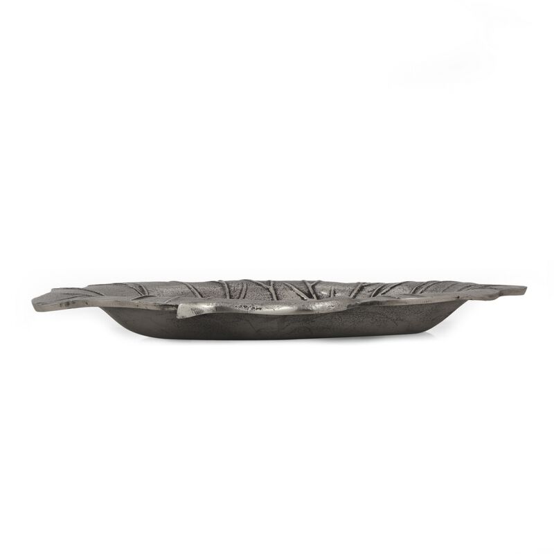 Haily Decorative Tray Platter, Flower Shaped Vein Details, Nickel Tone - Benzara