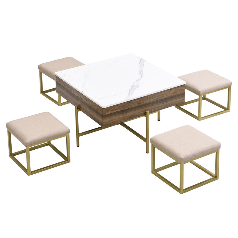 Merax Modern Square Lift-Top Coffee Table with 4 Ottomans Set