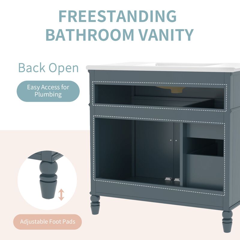 36" Bathroom Vanity with Sink, Blue Bathroom Cabinet with Drawers, Solid Frame and MDF Board