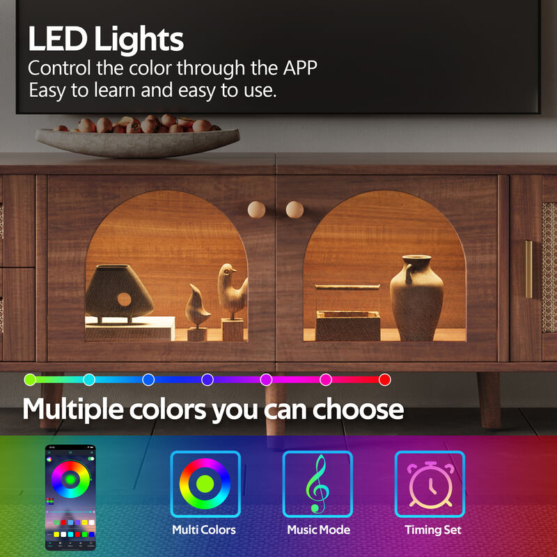 Merax Smart TV Cabinet with RGB LED Lighting, Rattan Doors, 2 Drawers, Closed Cabinet & Glass image number 2