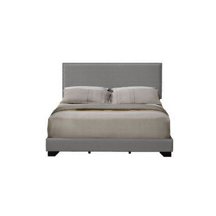Queen Size Bed with Fabric Upholstery and Nailhead Accent, Gray-Benzara