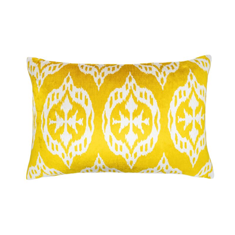 Mood Yellow Silk Velvet Ikat Pillow, 16" X 24"
