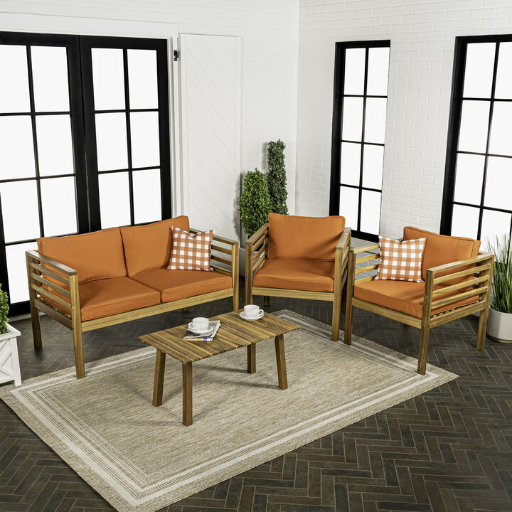 Thom 4-Piece Mid-Century Modern Acacia Wood Outdoor Patio Set with Cushions and Plaid Decorative Pillows, Orange/Teak Brown