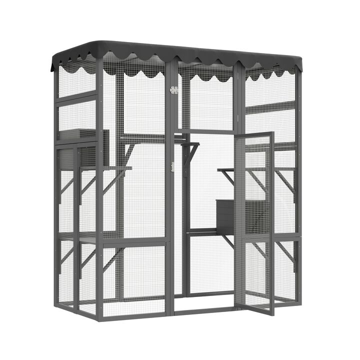 Mondawe Large 6-Level Fir Wood Cat Climbing House W/ Weatherproof Roof,Multi Layer Movable Cat Fence