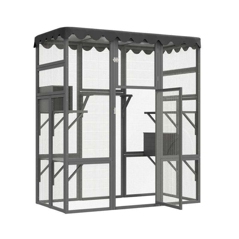 Mondawe Large 6-Level Fir Wood Cat Climbing House W/ Weatherproof Roof,Multi Layer Movable Cat Fence