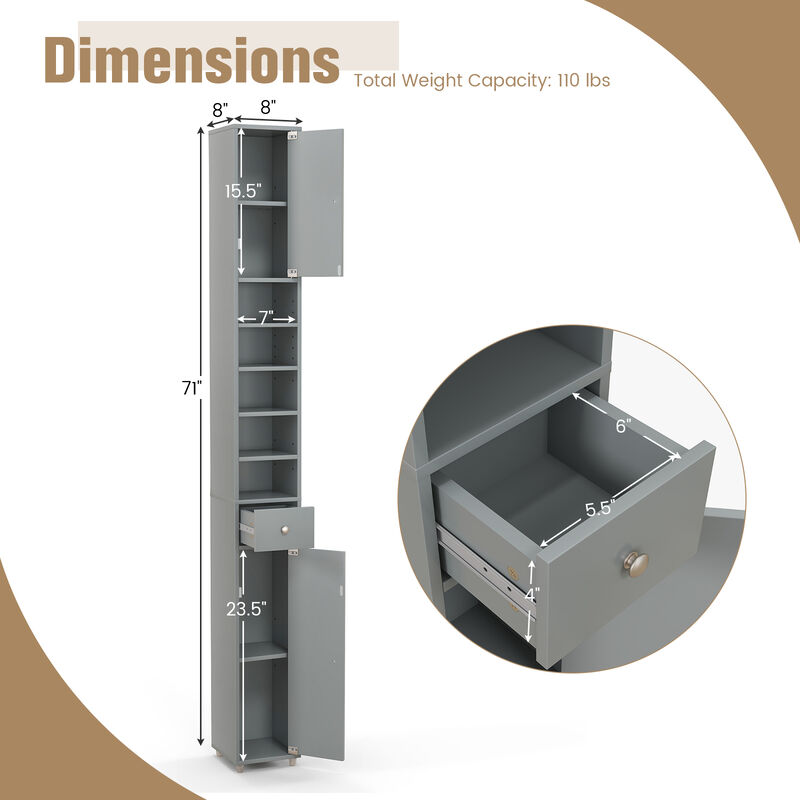 Freestanding Slim Bathroom Cabinet with Drawer and Adjustable Shelves