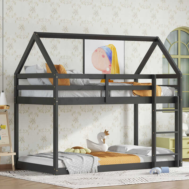 Whisen Twin over Twin Rubber Wood House-Shaped Floor Bunk Bed with ladder and Safety Guardrails image number 3