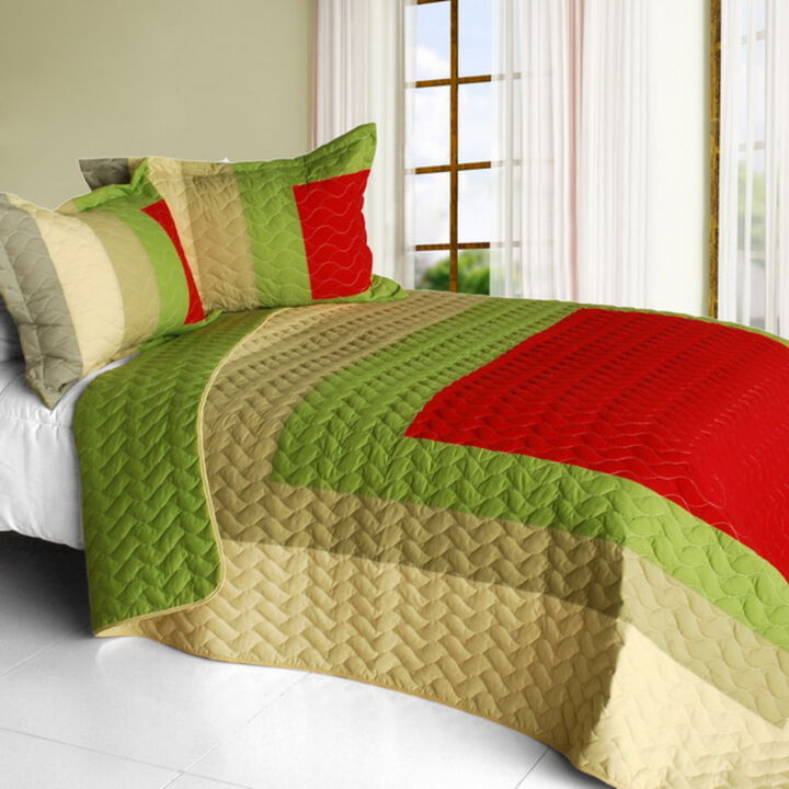 My Garden Queen Size Geometric Patchwork Quilt Set 3 Piece with Quilted Stitch Detail-Green