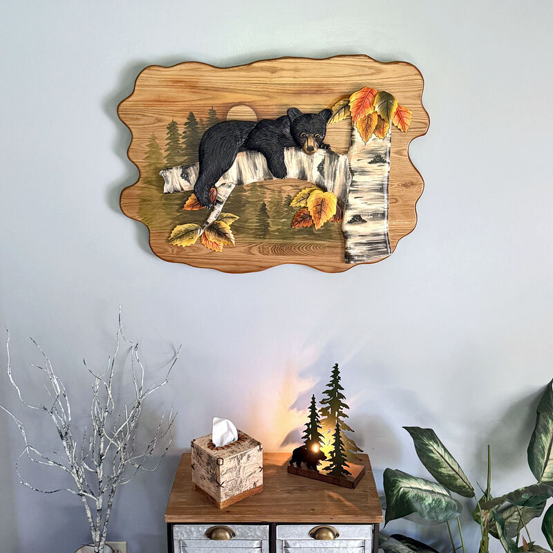 Bear Cub in Birch Forest Wood Wall Sculpture 24x34.5 Glossy Brown Indoor Decor image number 5