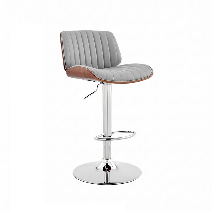 Adjustable Gray Faux Leather and Walnut Wood with Chrome Finish Bar Stool