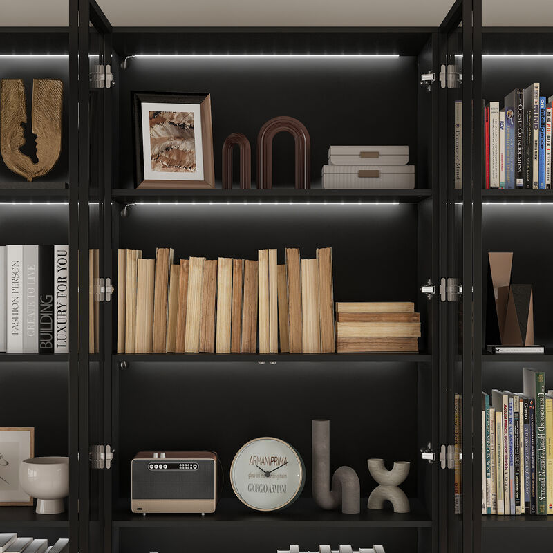 FUFU&GAGA Black MDF 4 -Shelf Oversized set Bookcase with Doors, (94.5" L x 14.2" W x 78.7" H),Black