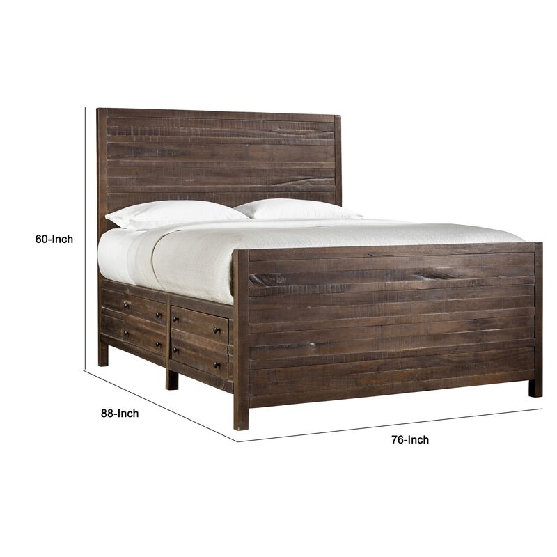 Cas California King Storage Bed, Plank Panel Headboard, Rough Hewn Brown - Benzara