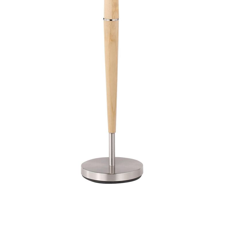 Nary Floor Lamp, 58 Inch Tapered Wood Stem, White Fabric, Chrome Metal - Benzara