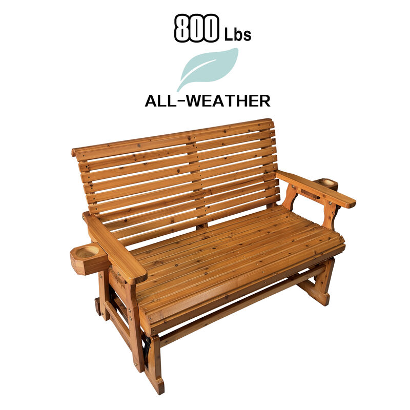 Patio Glider with Cup Holders, High Roll Back and Deep Contoured Seat, 2-Seater, Heavy Duty 800 Lb, 4 Feet (Brown 4 Ft)