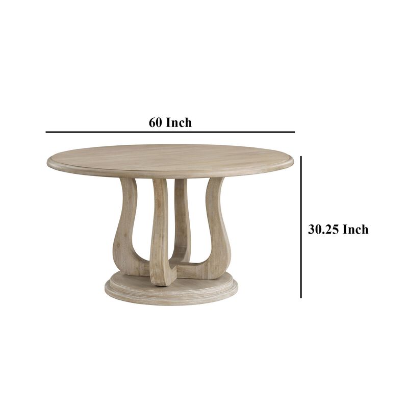 Eva Round Dining Table, Pedestal Base, White Washed Brown Wood 60 Inch - Benzara
