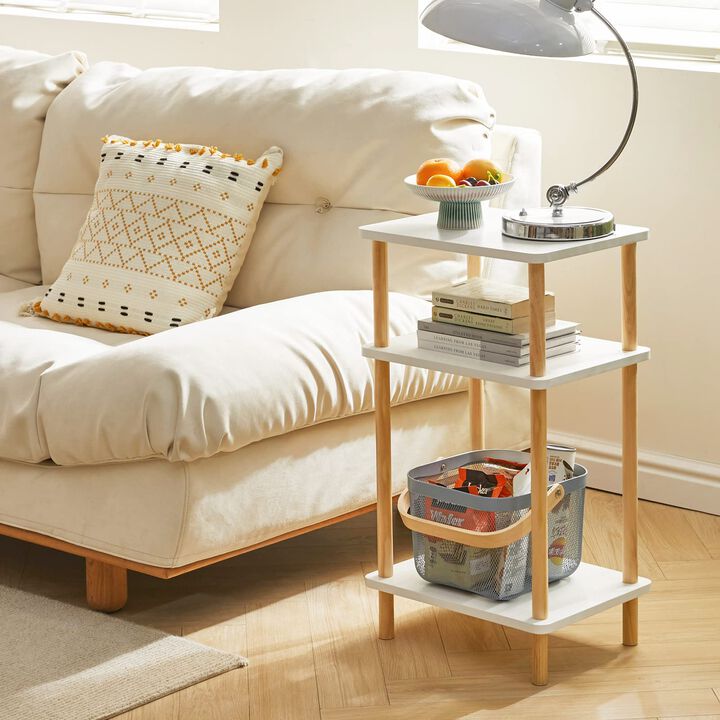 IBUYKE 3-Tier Side Table, Solid Wood Tall End Table with Storage Shelves, Nightstand Bedside Table for Living Room Bedroom Offic
